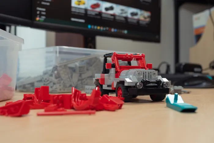 Custom LEGO Jeep Wrangler build on the workbench