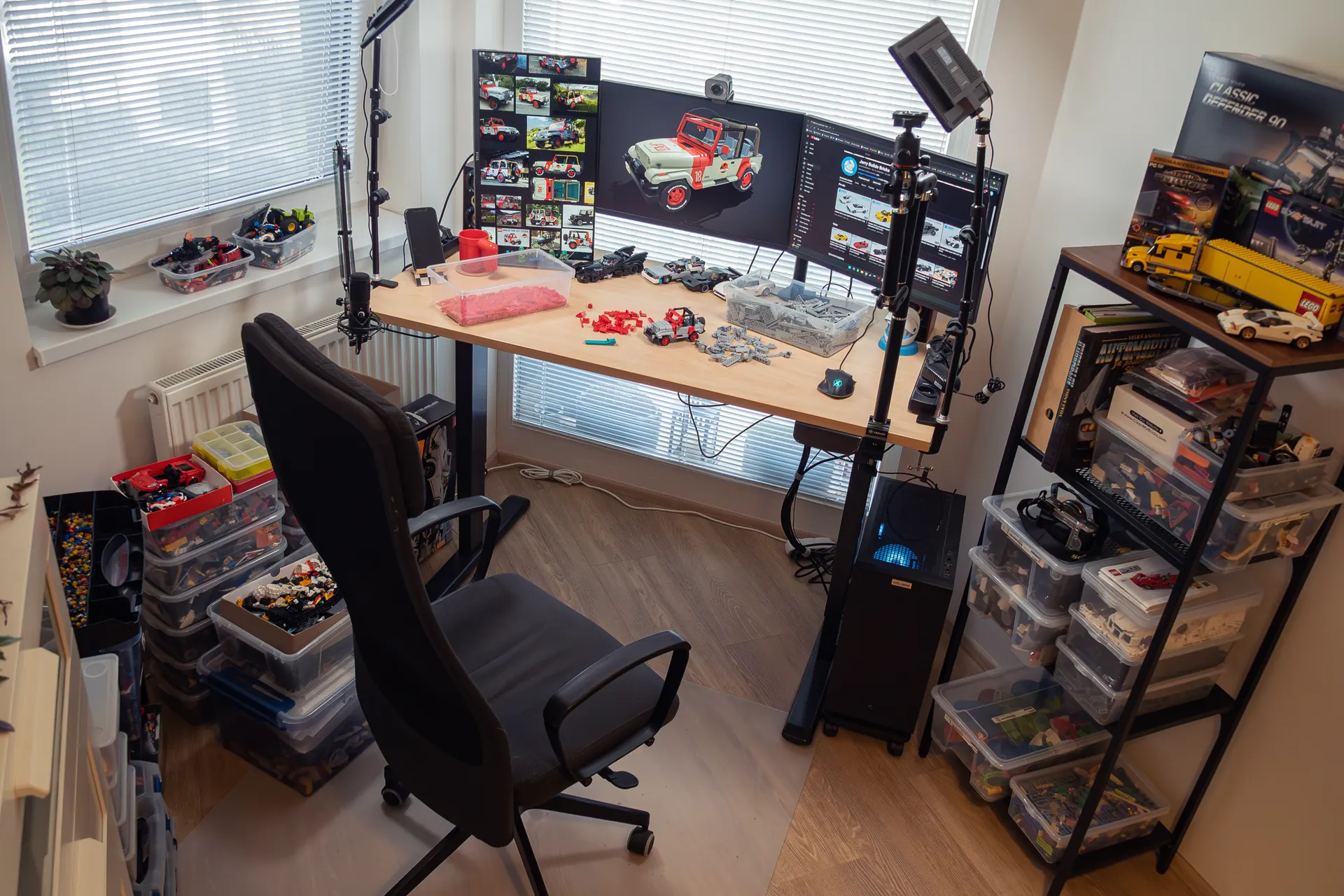 Jerry's workshop with LEGO storage, monitors and a build desk